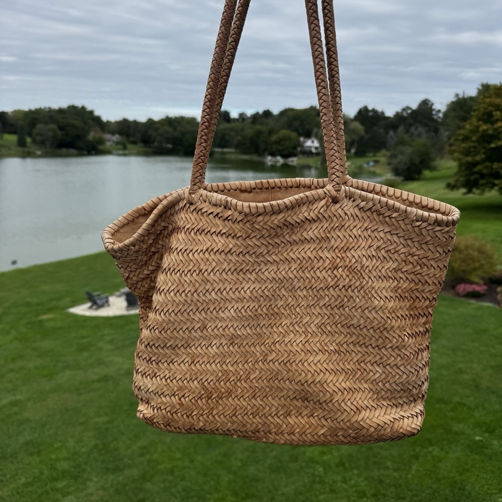 Basketweave Woven Leather Tote Cotton Lining ~Natural Coastal Straw Beige Color